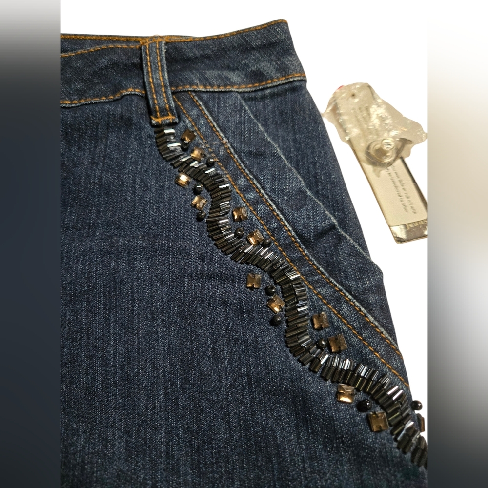 Azi Dark Blue Bell Leg Jeans With Beading. Sz 14. TALL/LONG
